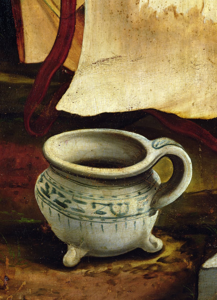 イセンハイムの祭壇画、外翼、c.1512-1516、パネルに油彩のキリスト降誕のシーンのチャンバーポットの詳細 作： マティアス・グリューネヴァルト