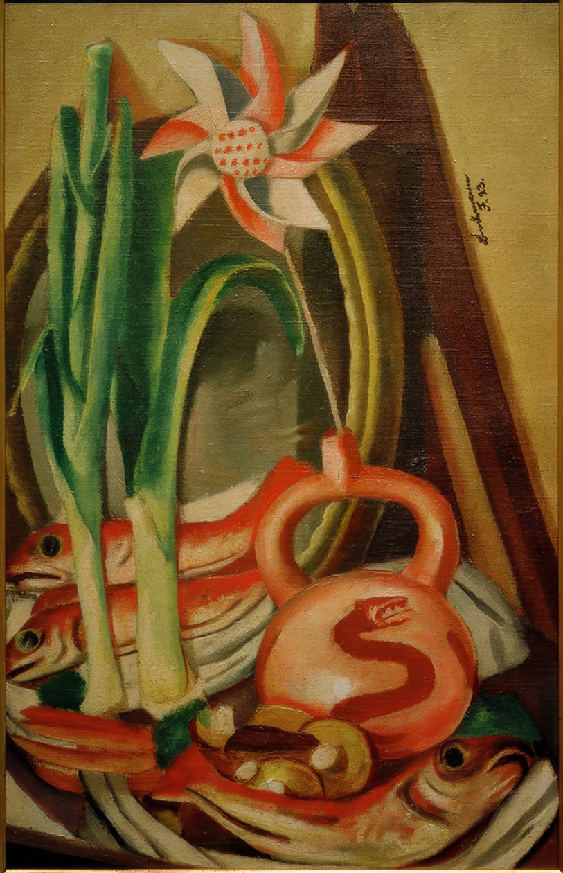 魚と紙の花のある静物画 作： マックス・ベックマン