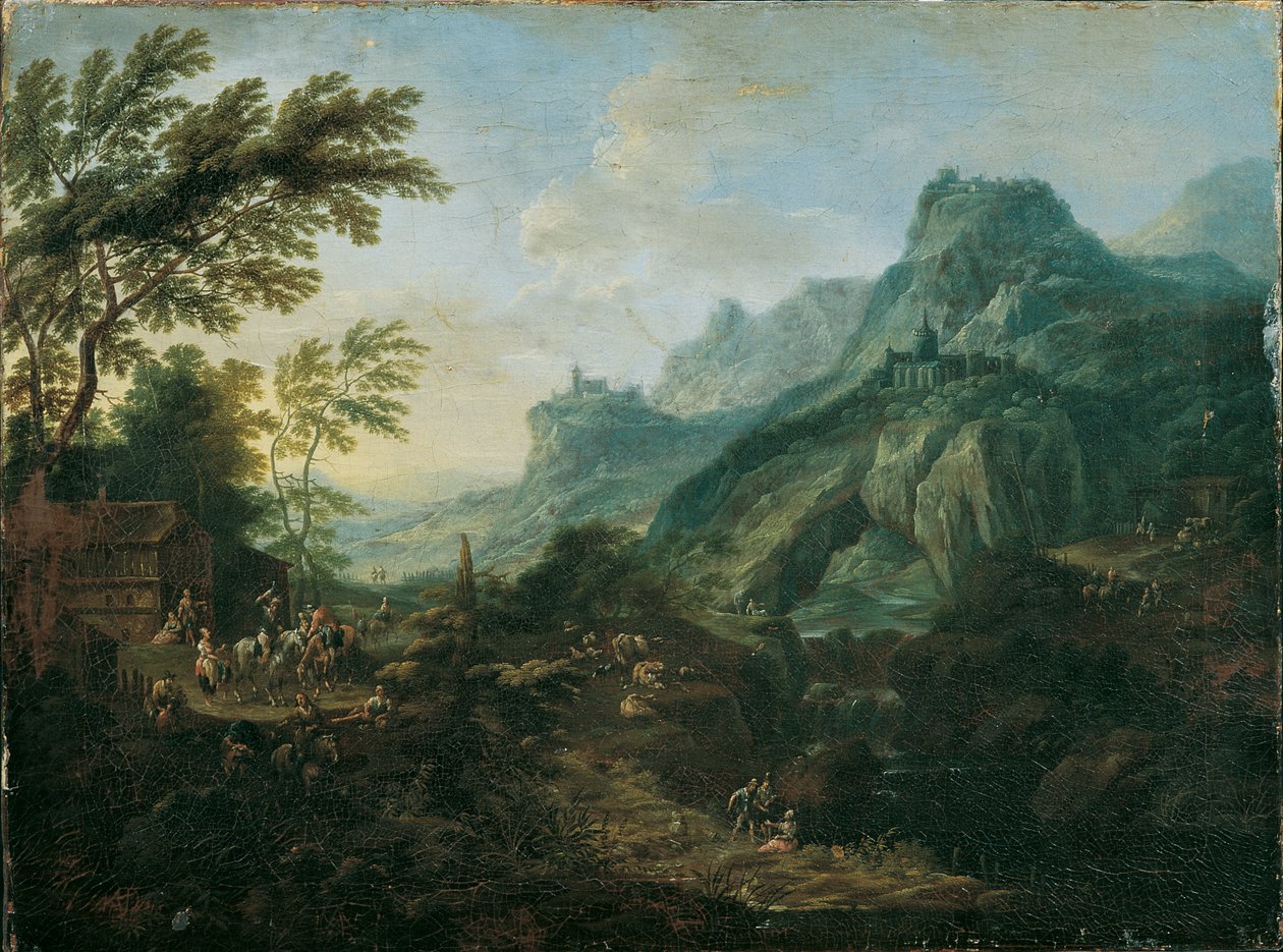 農家のある理想的な山の風景 作： Maximilian Joseph Schinnagl