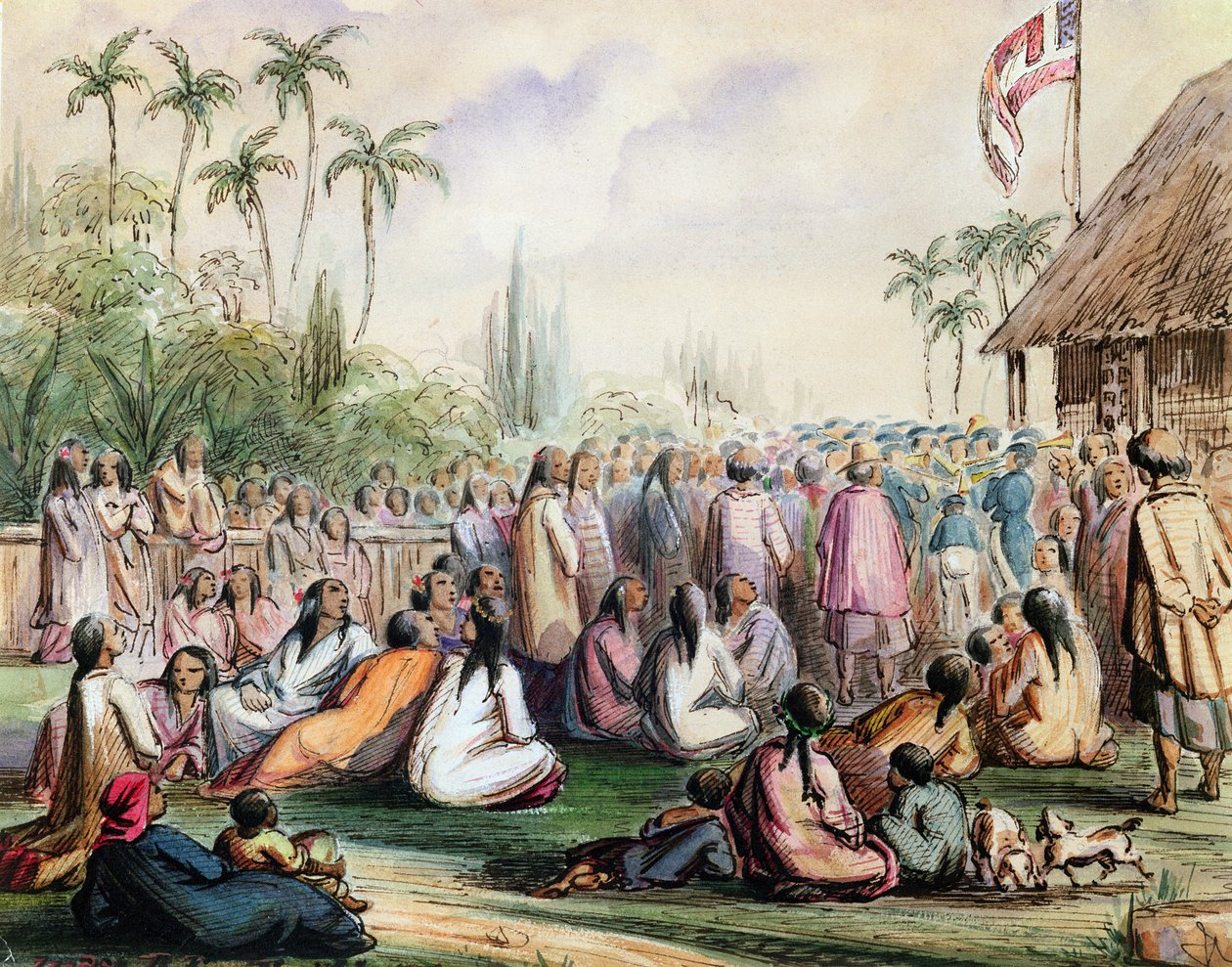 1842年、タヒチのフランス保護領庁のパビリオン、1842-48年（紙と紙にインク） 作： マクシミリエンラディゲ