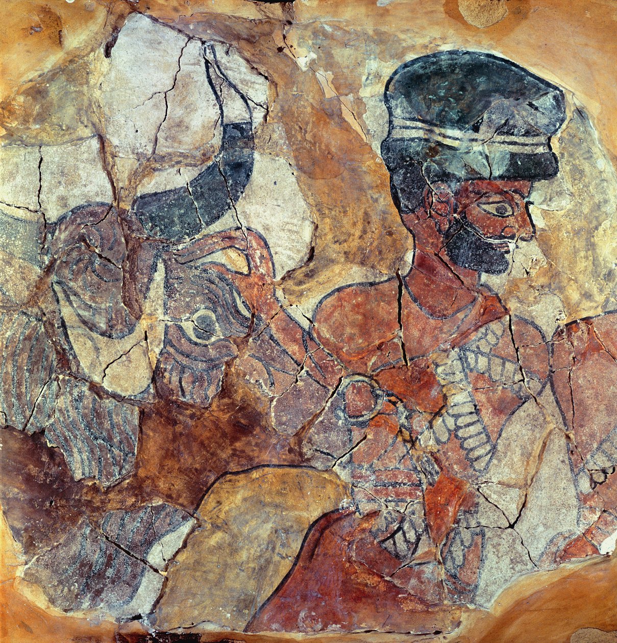 中央ユーフラテスのマリ、ジムリリム宮殿から雄牛を犠牲にして導く司祭（壁画） 作： メソポタミア