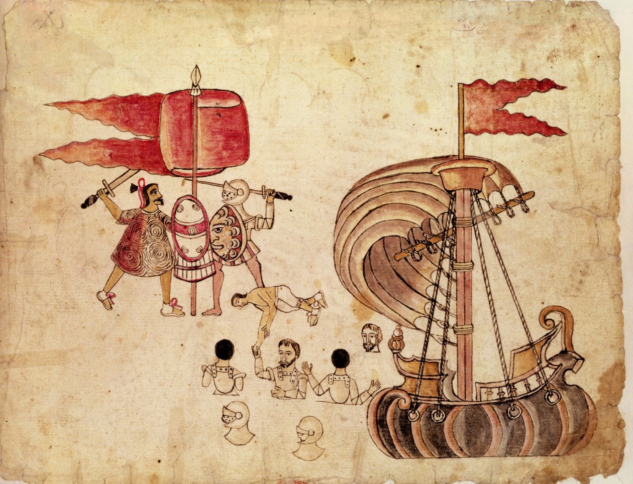 コルテスの同盟国であるトラスカラ族の戦士が運河から彼を引き寄せた 作： メキシコの学校