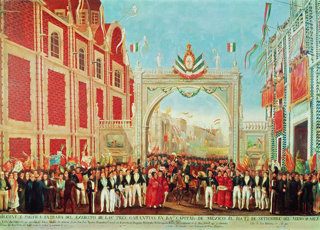 1821年9月27日、3つの保証の軍隊がメキシコシティに厳粛かつ平和的に参入 作： メキシコの学校