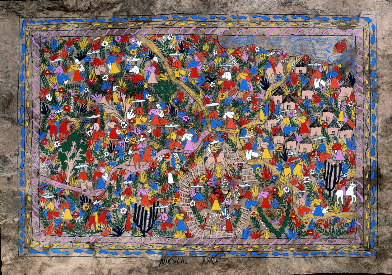 メキシコのゲレーロ州の村の風景（樹皮を塗装） 作： メキシコの学校