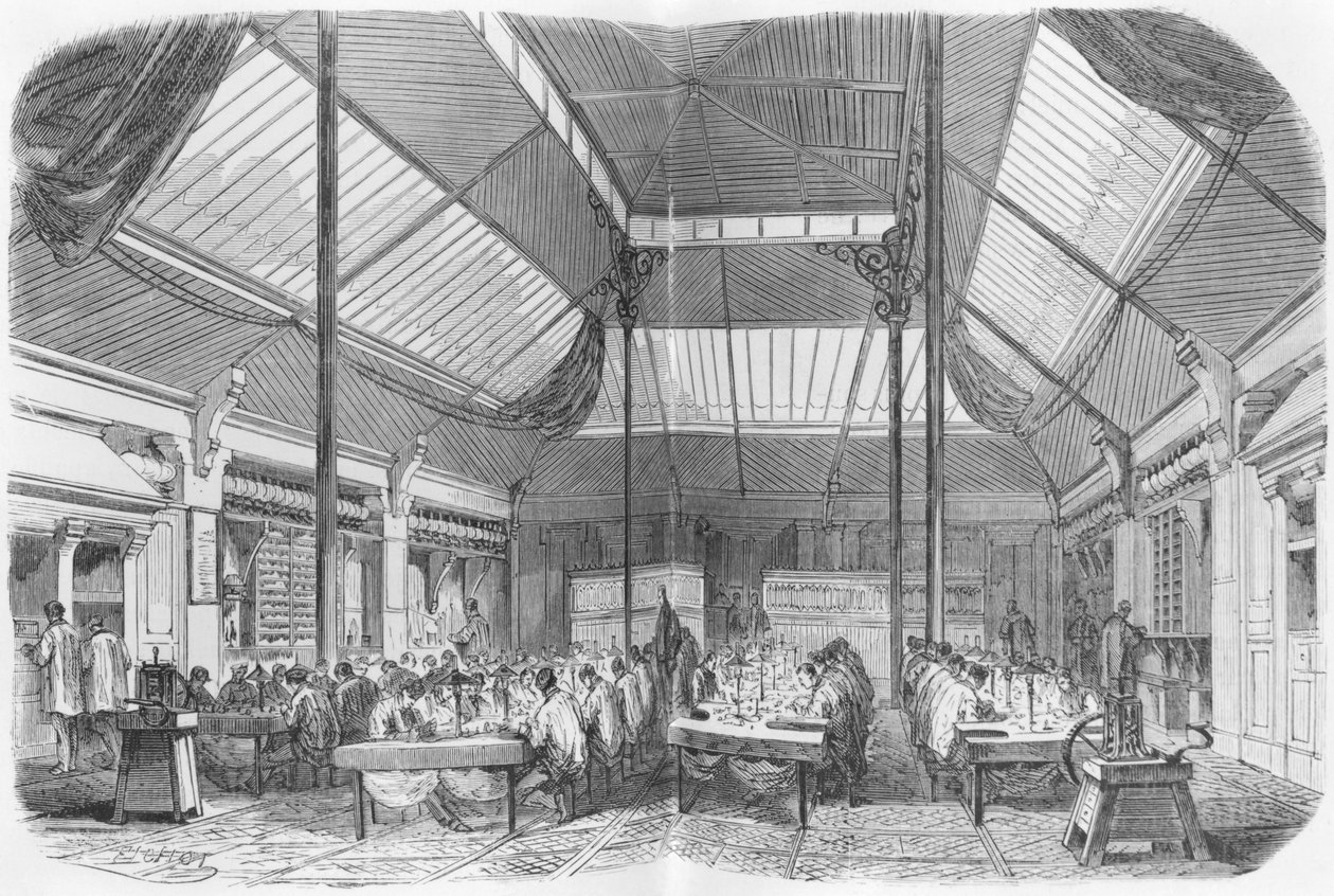 第2帝国時代のジュエリーのワークショップ、ジュリアンターガンの「Les Grandes Usines」のイラスト、1880年頃 作： ミシェル・チャールズ・フィショー