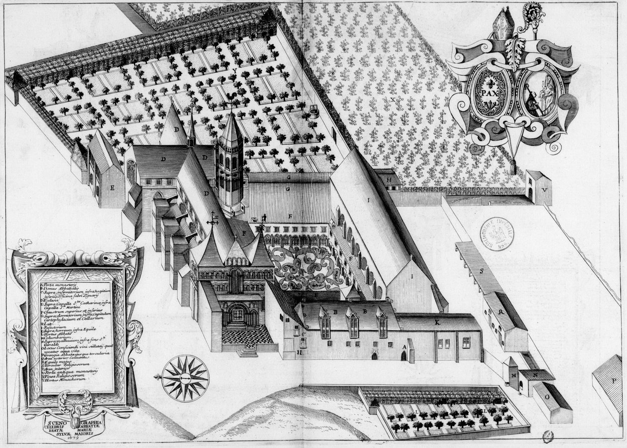 Monasticon Gallicanumの本に、フランスのラ・ソーヴ・マジョール修道院を表す17世紀の刻まれた板 作： ミシェル・ジェルマン
