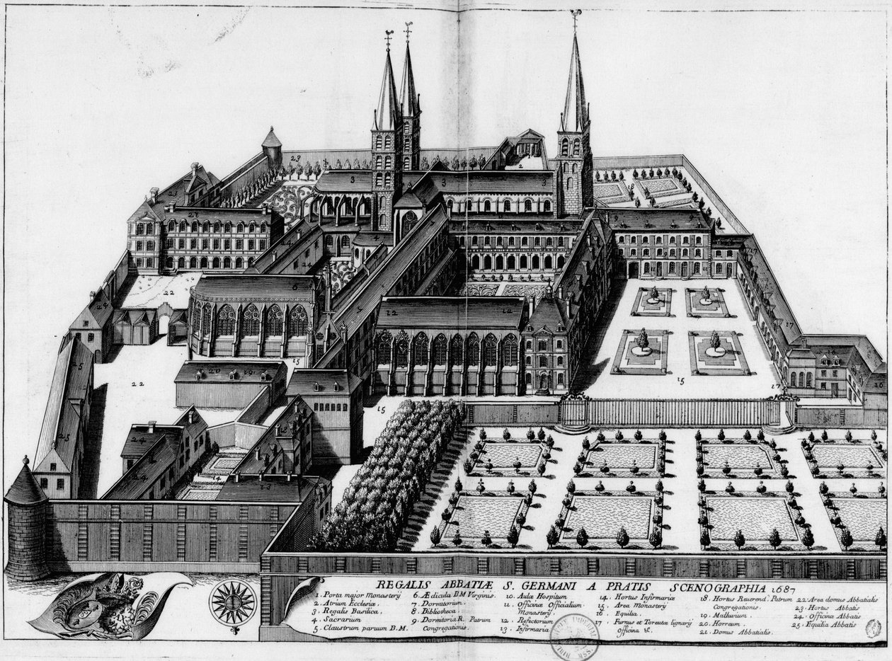 パリのサンジェルマンデプレ修道院を示す1687年のプレート 作： ミシェル・ジェルマン