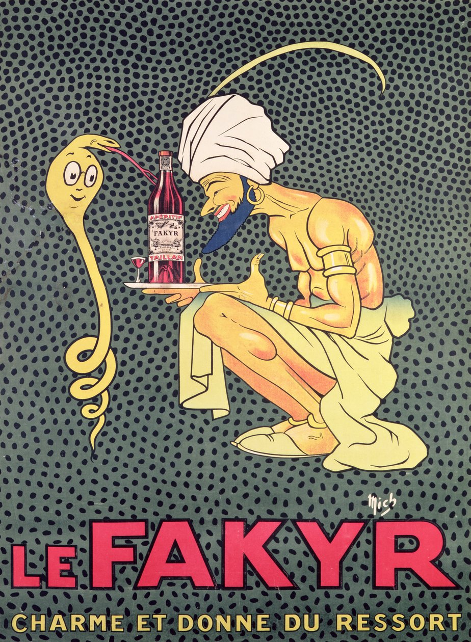 Fakyr：魅力的で精神的な贈り主、「Fakyr」食前酒の広告（手描きの彫刻） 作： ミシェル・リーボー