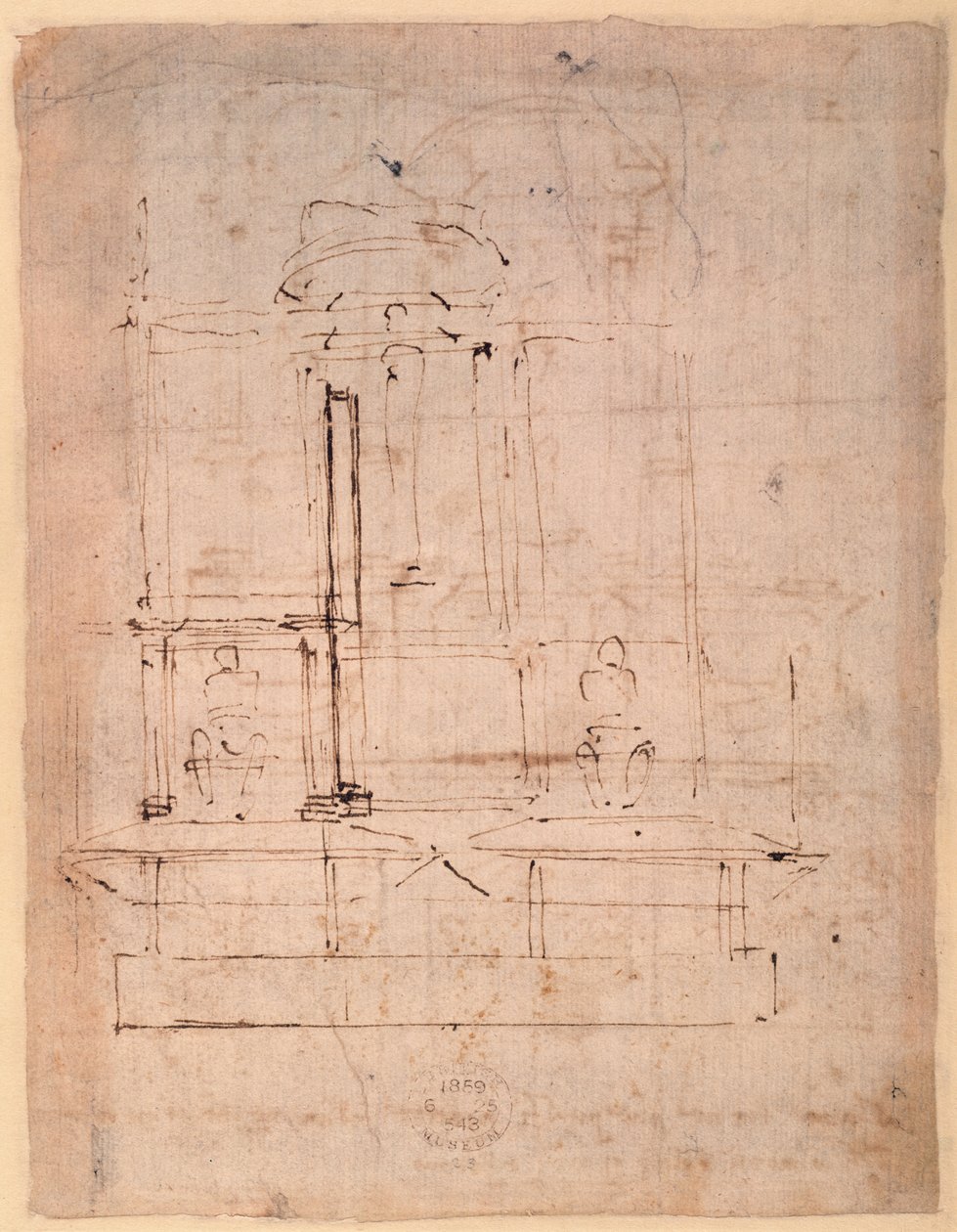 教皇ジュリアス2世の墓の設計（1453-1513）（紙に茶色のインク）（verso） 作： ミケランジェロ・ブオナローティ