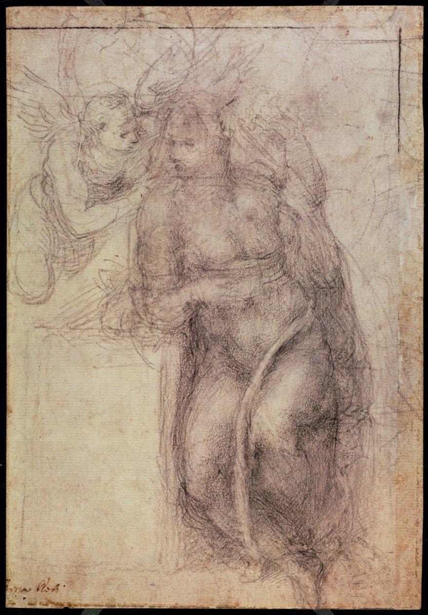 Inv.1895-9-15-516.recto（w.72）受胎告知の研究（紙に黒いチョーク）、1547 作： ミケランジェロ・ブオナローティ
