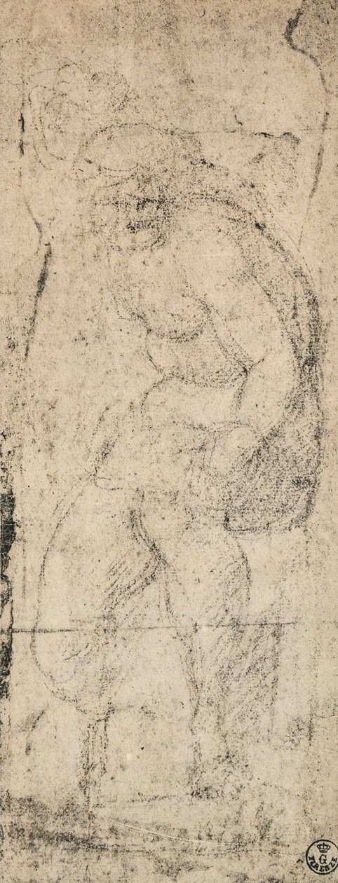 男性のヌード、ミケランジェロによる研究。内閣描画と版画、ウフィツィ美術館、フィレンツェ 作： ミケランジェロ・ブオナローティ