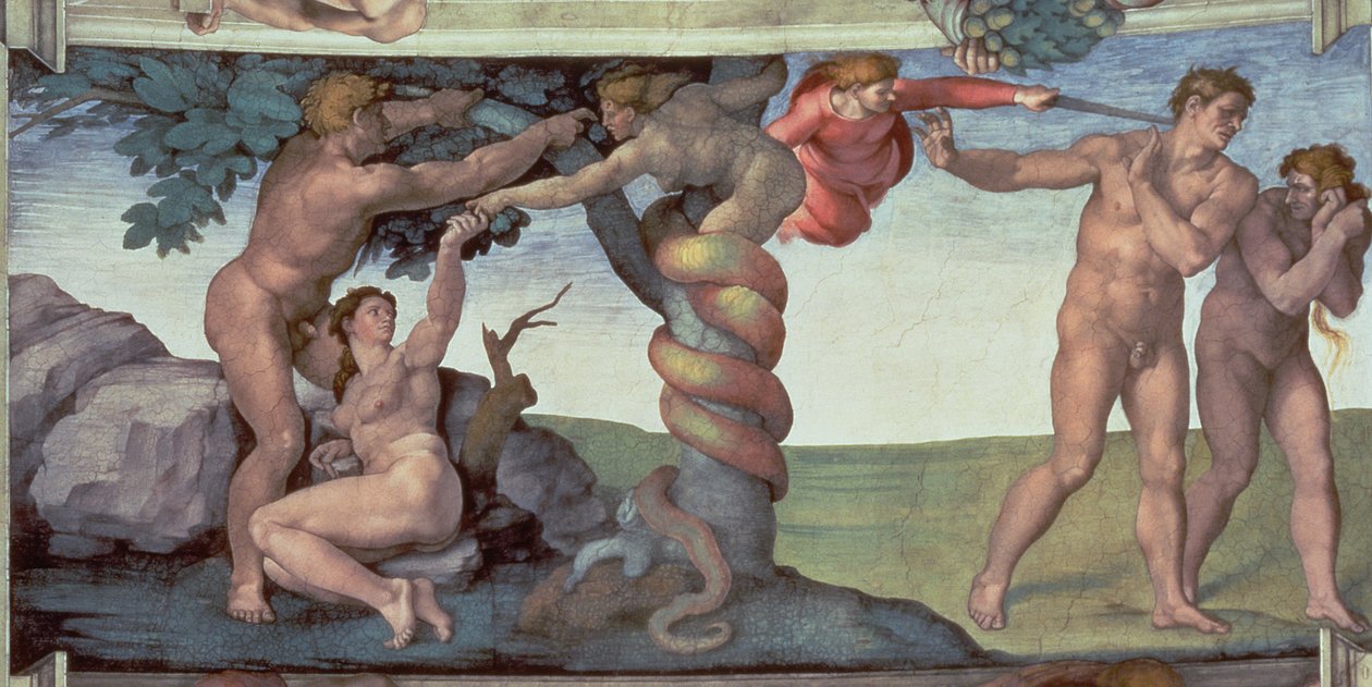 システィーナ礼拝堂の天井（1508-12）：人の堕落、1510（復元後） 作： ミケランジェロ・ブオナローティ