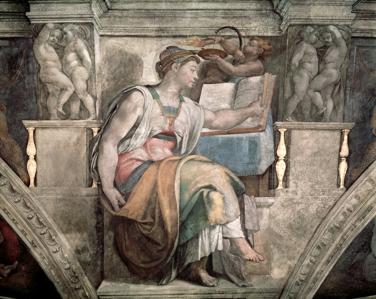 システィーナ礼拝堂の天井：Erythraean Sibyl、1508-12 作： ミケランジェロ・ブオナローティ