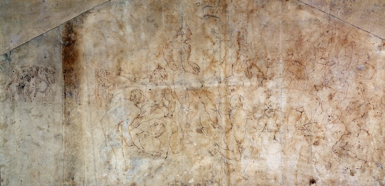 「カッシーナの戦い」1504（紙に茶色のインク）の研究（直腸） 作： ミケランジェロ・ブオナローティ