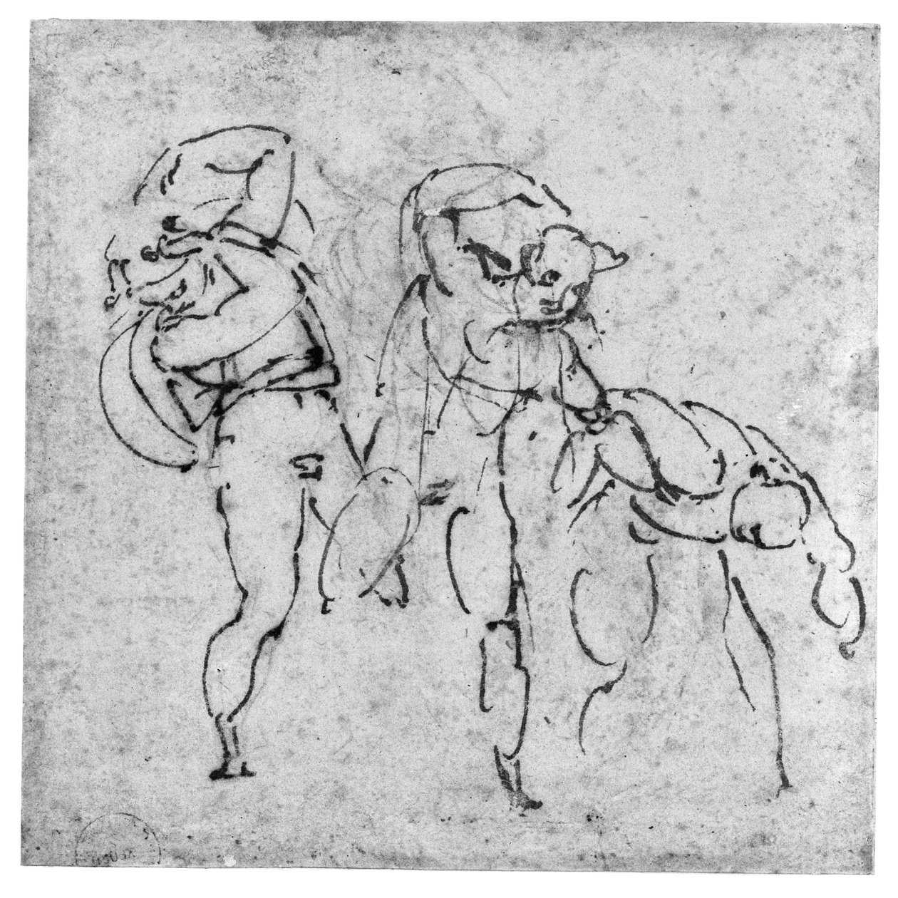 3つの図の研究、c.1517-20（オフホワイトの紙のリードポイント上のペンと茶色のインク） 作： ミケランジェロ・ブオナローティ