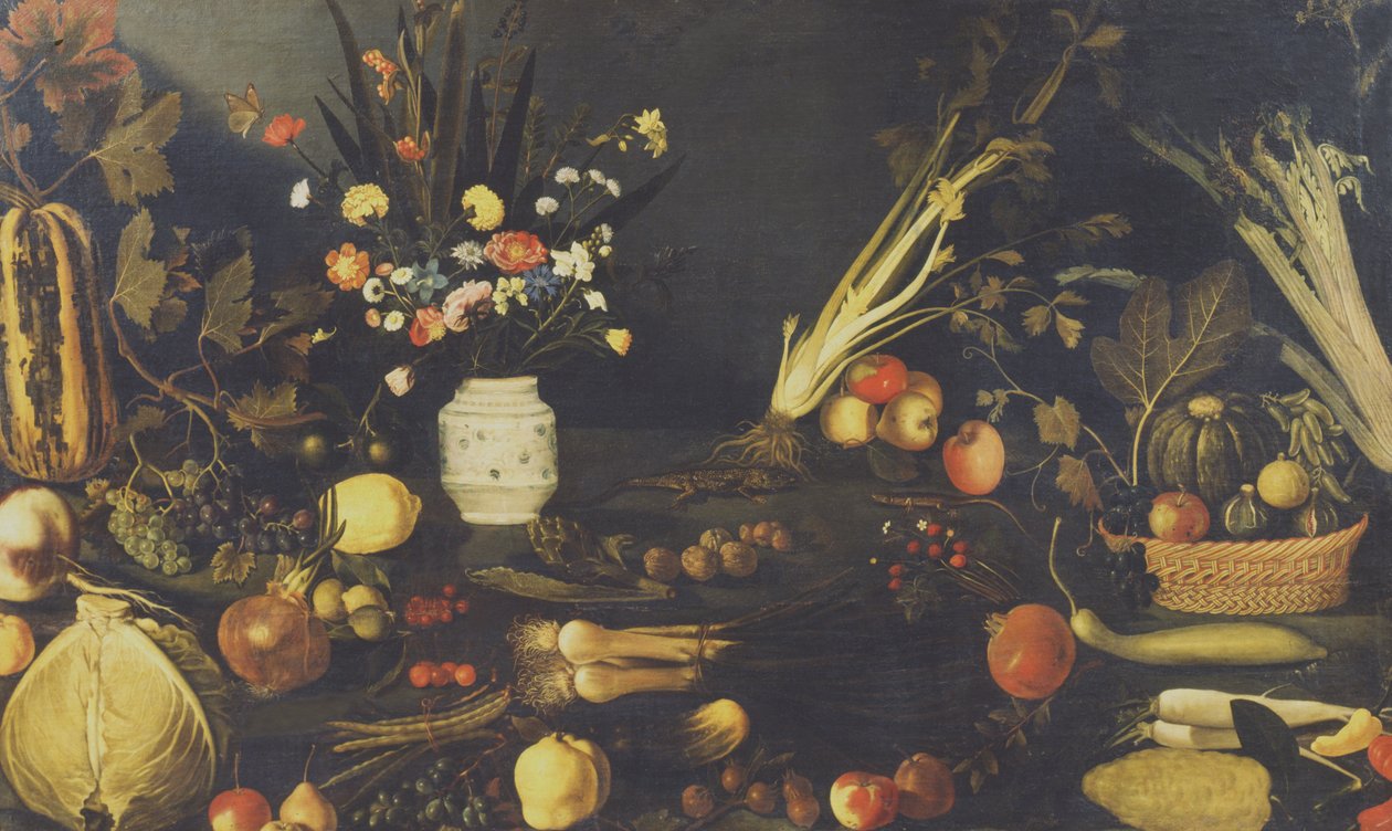 花、果物、野菜の静物、1594年頃 作： ミケランジェロ・メリシ・カラヴァッジオ