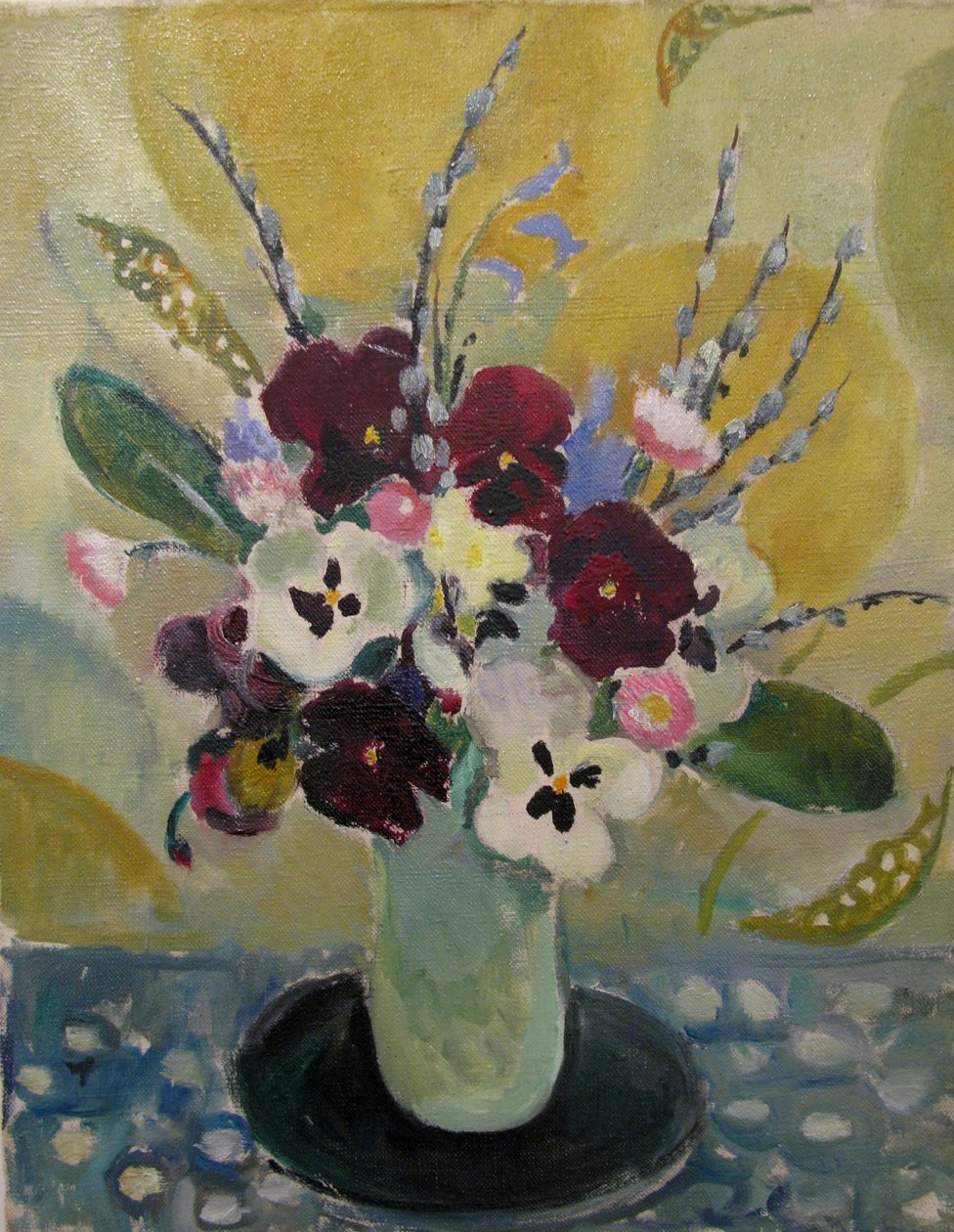 パンジーのある静物、c.1930 作： ミルドレッド・ベンダル