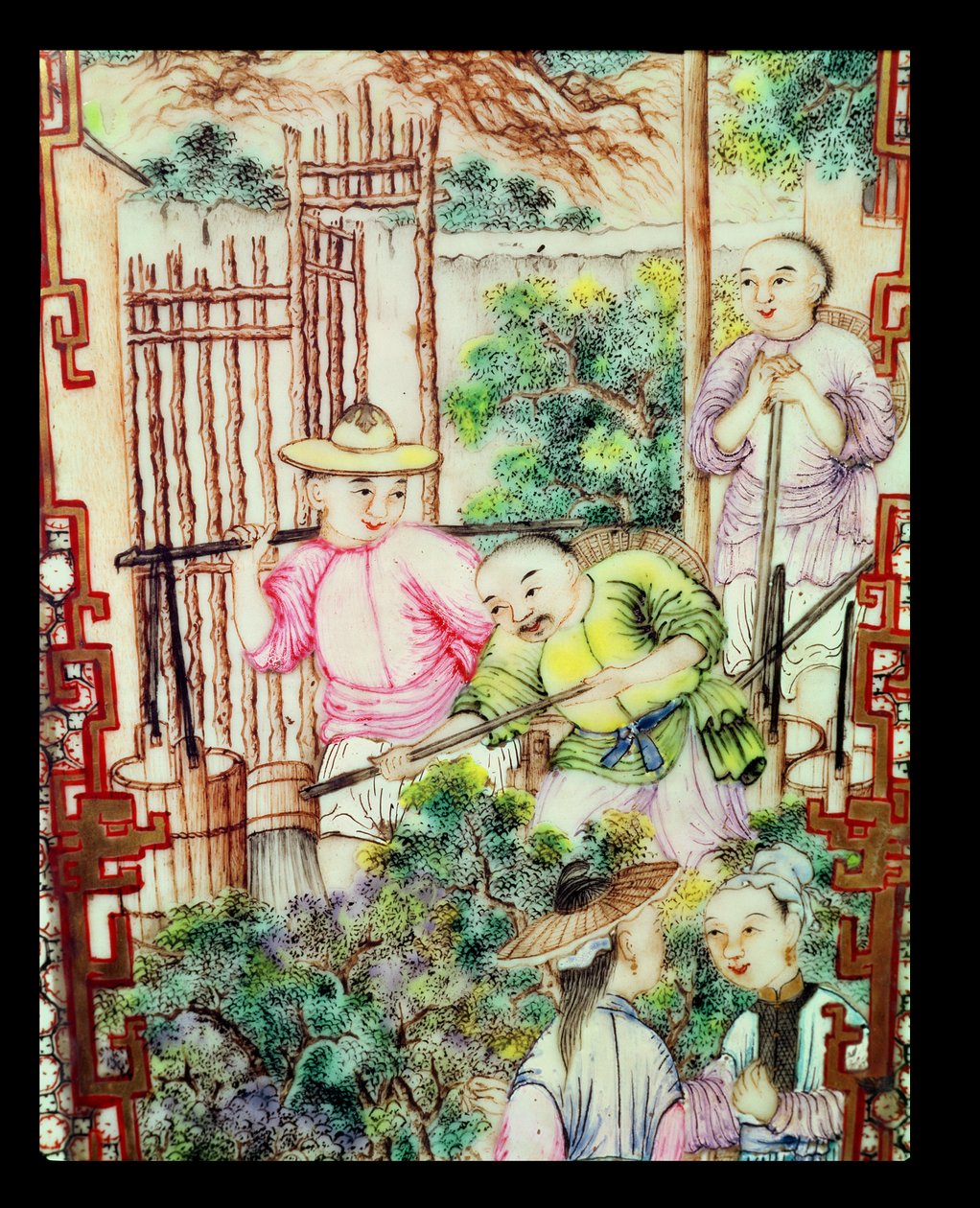 男性が茶植物に水をまくと花瓶の詳細 作： 明代中国学校