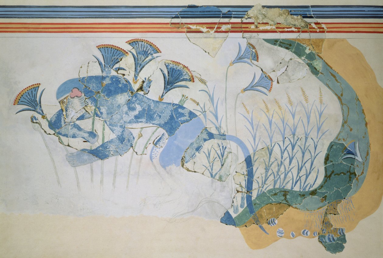 ブルーモンキーフレスコ、クノッソス宮殿、クレタ島、紀元前1500年頃（フレスコ画） 作： ミノアン