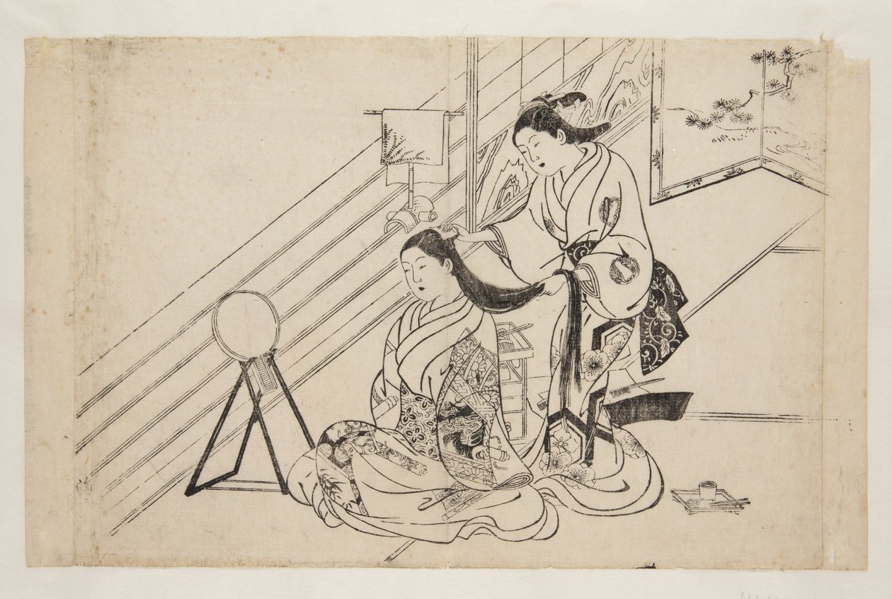 髪を梳く女性（カラー木版画 作： 長谷川光延