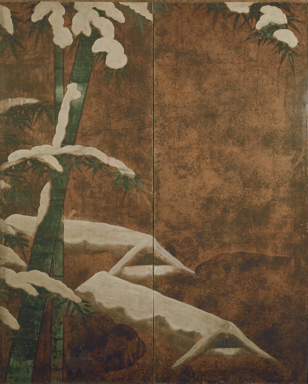 雪の中の竹、1600年頃（インク、色、金、銀、紙） 作： 土佐光義