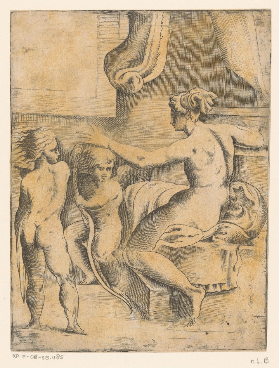 2 つの putti を持つ金星 作： モノグラミストFP（イタリア; 16e eeuw）