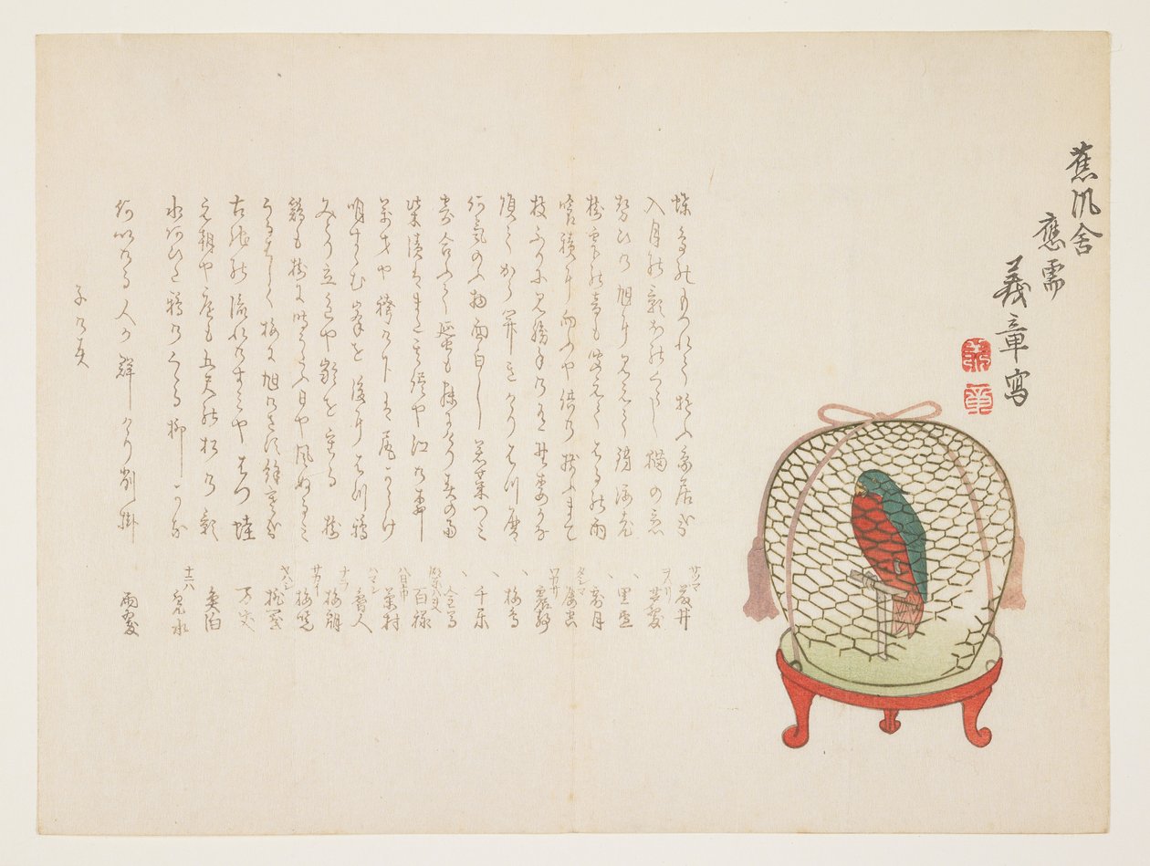 檻の中のオウム、1864年1月（カラー木版画） 作： 森義章