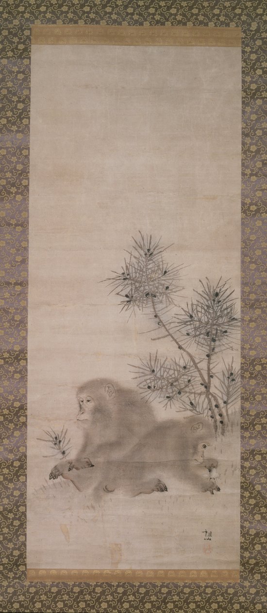 松の苗木と蝶のいるサル、1800年頃（紙に水彩） 作： 森宗仙