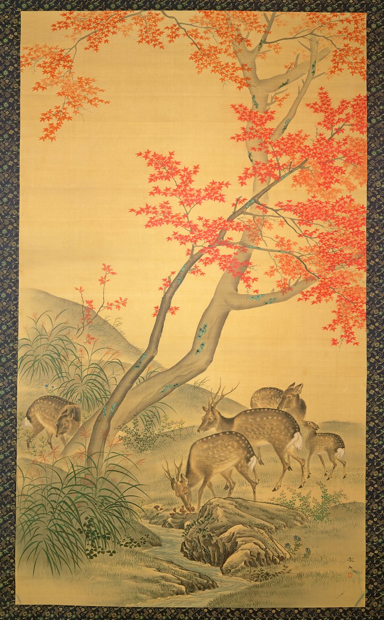 カエデの木の下の鹿（シルクの水彩画） 作： 森哲山