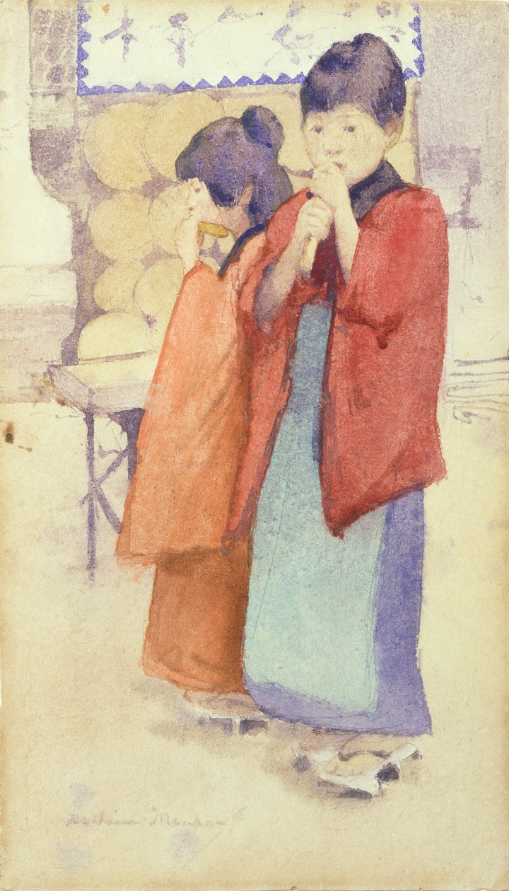 1895-96年の日本の二人の子供の肖像（紙に鉛筆でトイレ） 作： モーティマールディントンメンペス