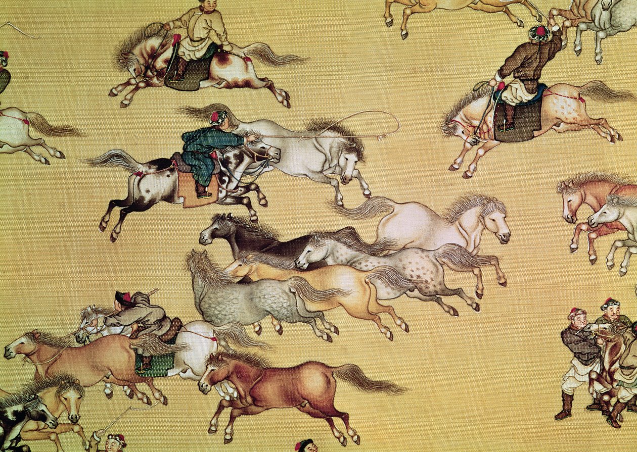 巻物からの乾隆帝（1736-96）細部の航海、清朝（シルク塗装） 作： モウ・ラン