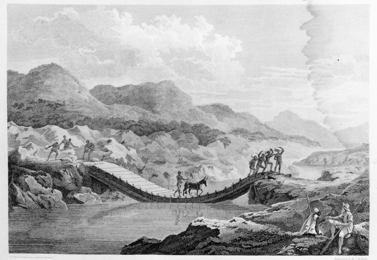 1799年に出版された「アフリカの内陸部の旅」からセネガルのバフィング川に架かる橋をスケッチした自画像 作： マングース公園