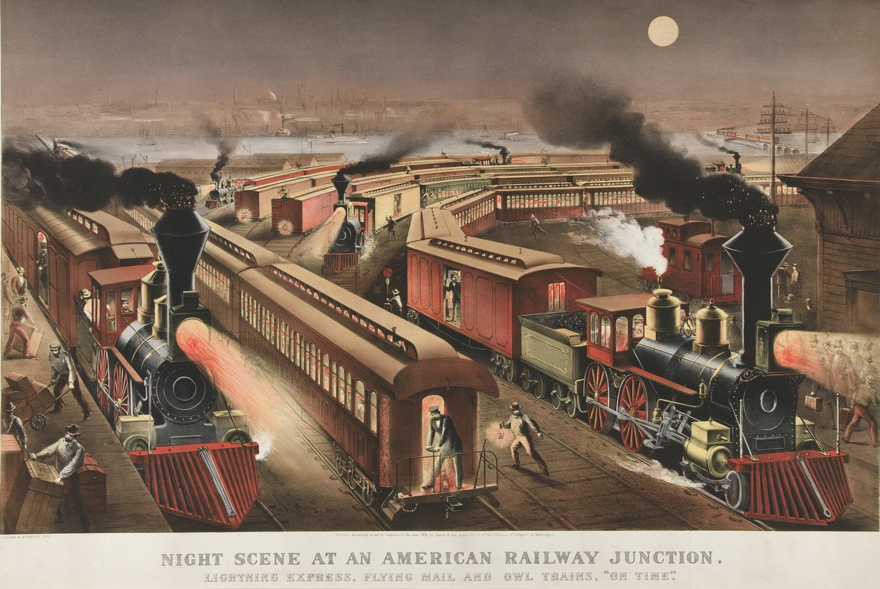 アメリカの鉄道ジャンクションでの夜景、1876 作： ナサニエル・キュリア