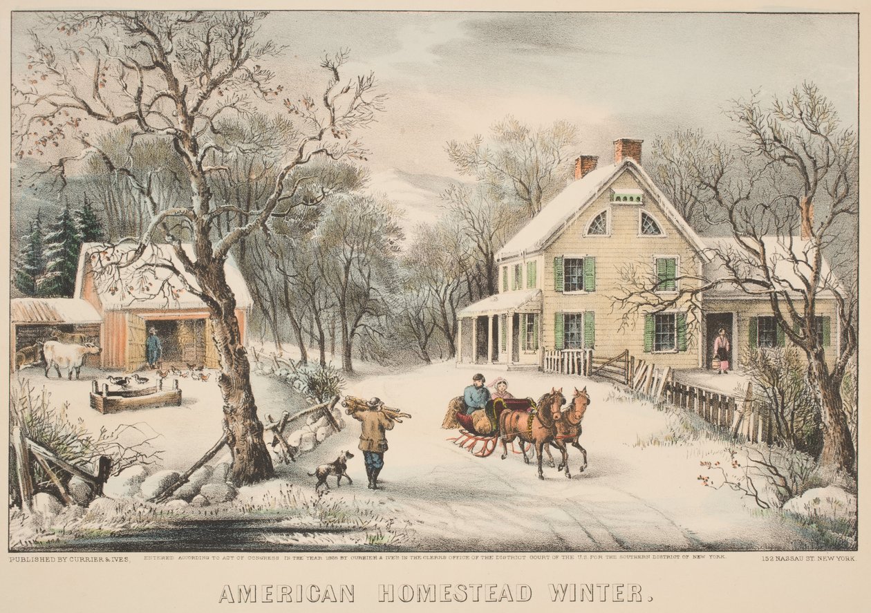 アメリカンホームステッドウィンター、1868年（カラーリソ） 作： N. and Ives、JM Currier