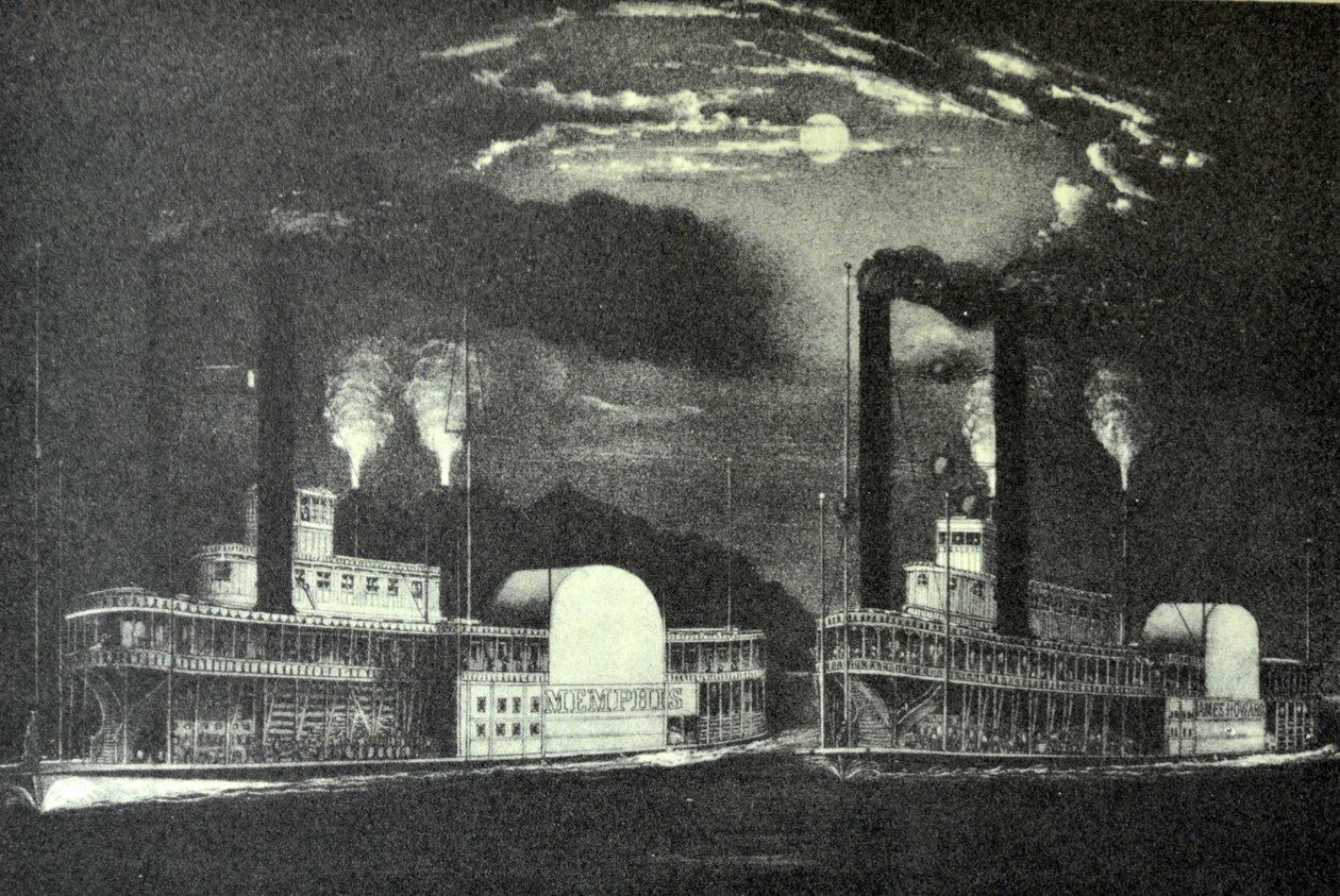 Currier＆Ivesイラスト19世紀。ミシシッピ川の真夜中のレース 作： N. and Ives、JM Currier