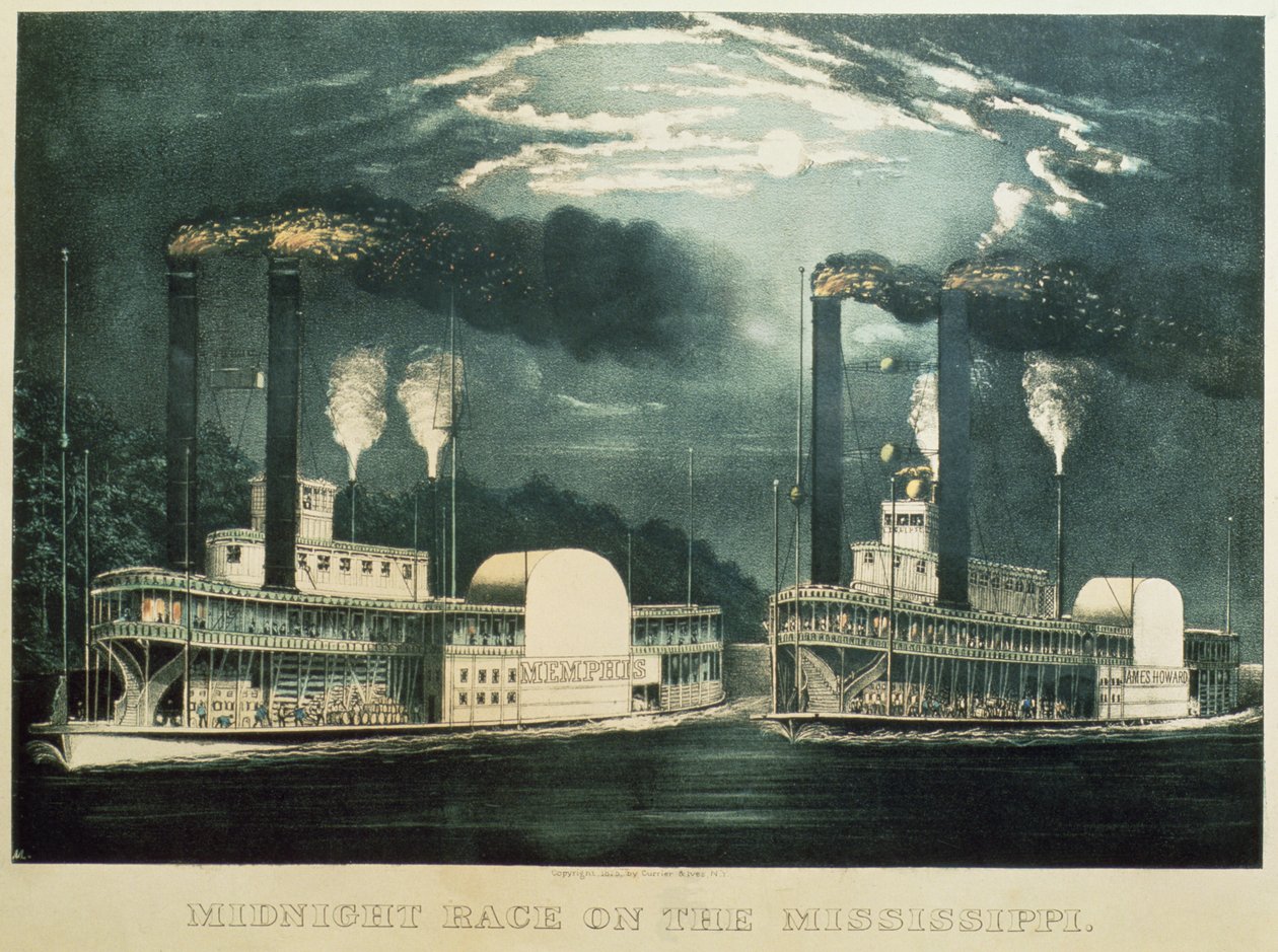 ミシシッピ川での真夜中のレース、1875 作： N. and Ives、JM Currier