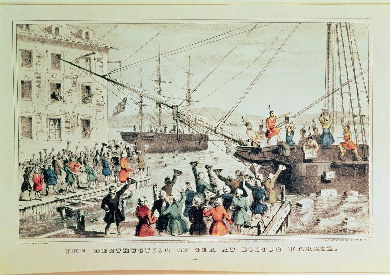 ボストンティーパーティー、1846年（印刷） 作： N. and Ives、JM Currier