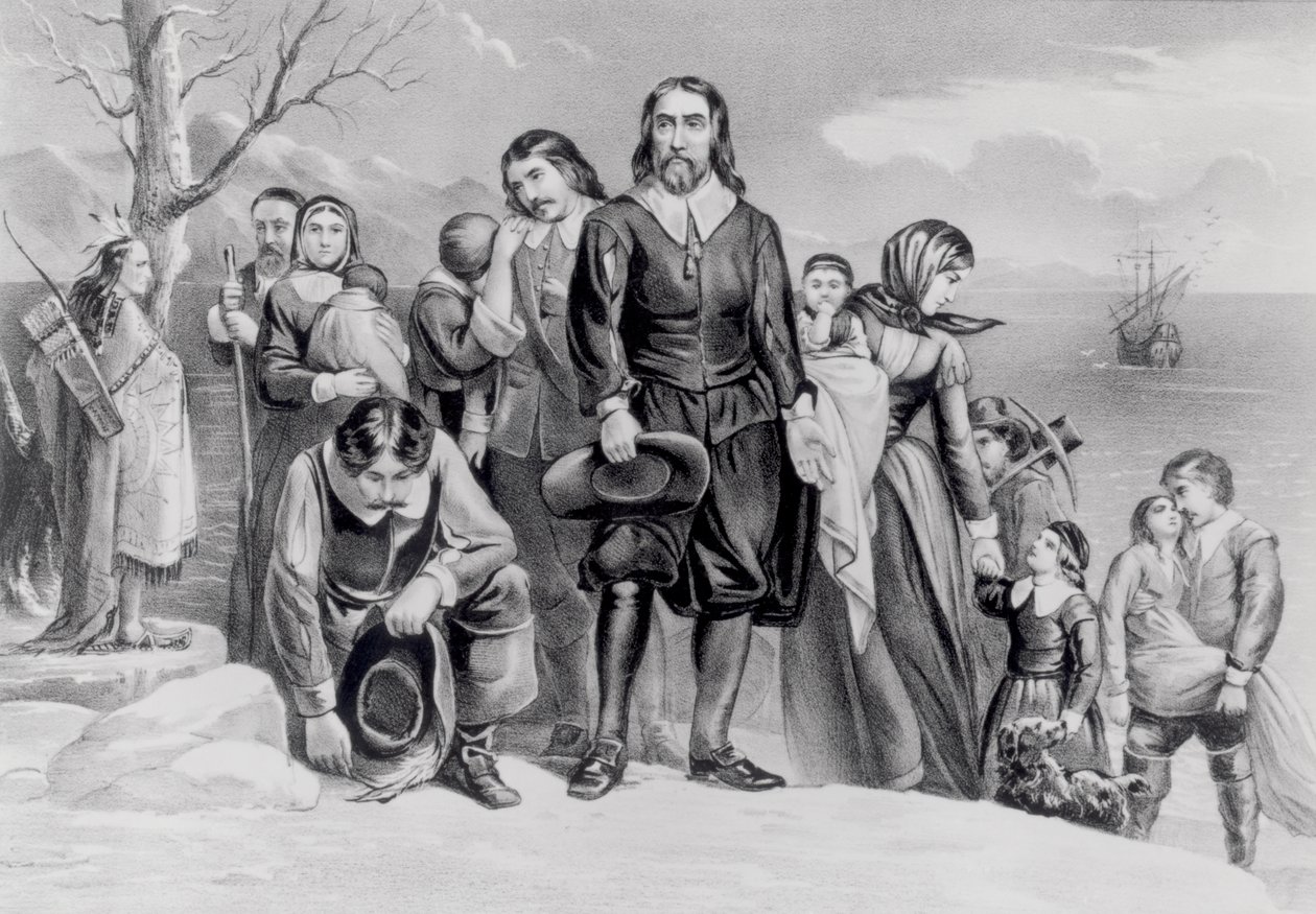 1620年12月22日、マサチューセッツ州プリマスの巡礼者の着陸。 1876 作： N. and Ives、JM Currier