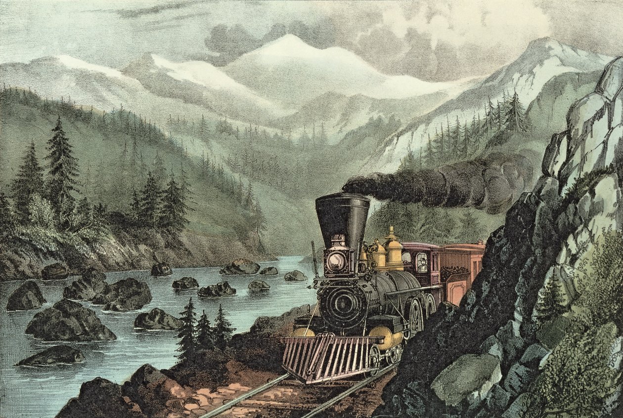 カリフォルニアへのルート。トラッキー川、シエラネバダ。中央太平洋鉄道、1871 作： N. and Ives、JM Currier