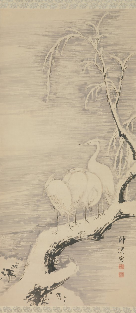 雪の中のサギ、ca。 1840。 作： 中林ちくと