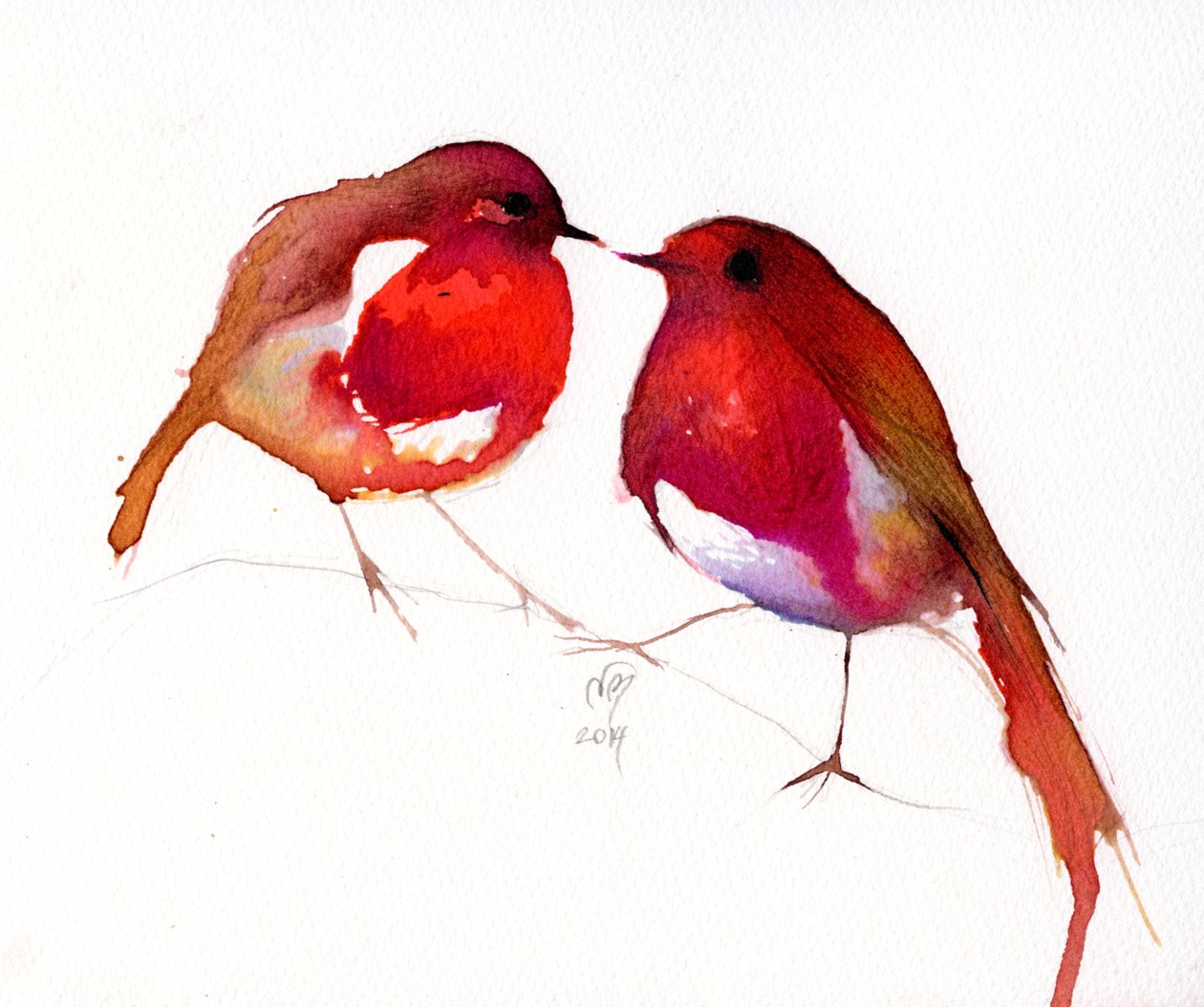 2つの小さなインクの鳥、2014年（紙にインク） 作： ナンシーモニスチャラランブー