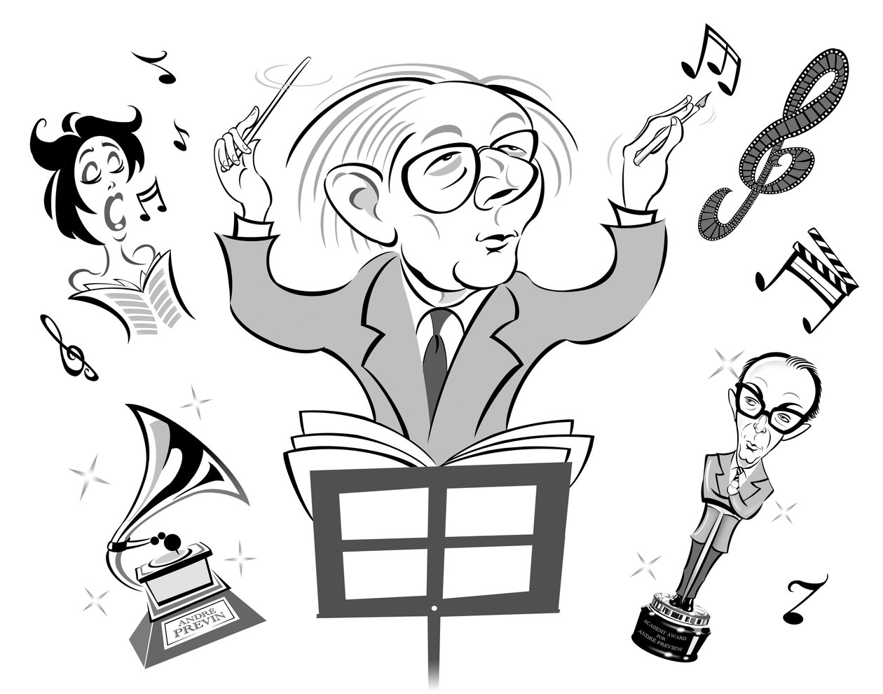 アンドレプレビン、ドイツ生まれのアメリカ人ピアニスト、作曲家、指揮者（1929年生まれ）。風刺映画の指揮と作曲;プレビンズの登場人物を参考にしてアカデミー賞としてエリック・モアカムとともに 作： ニール・オズボーン