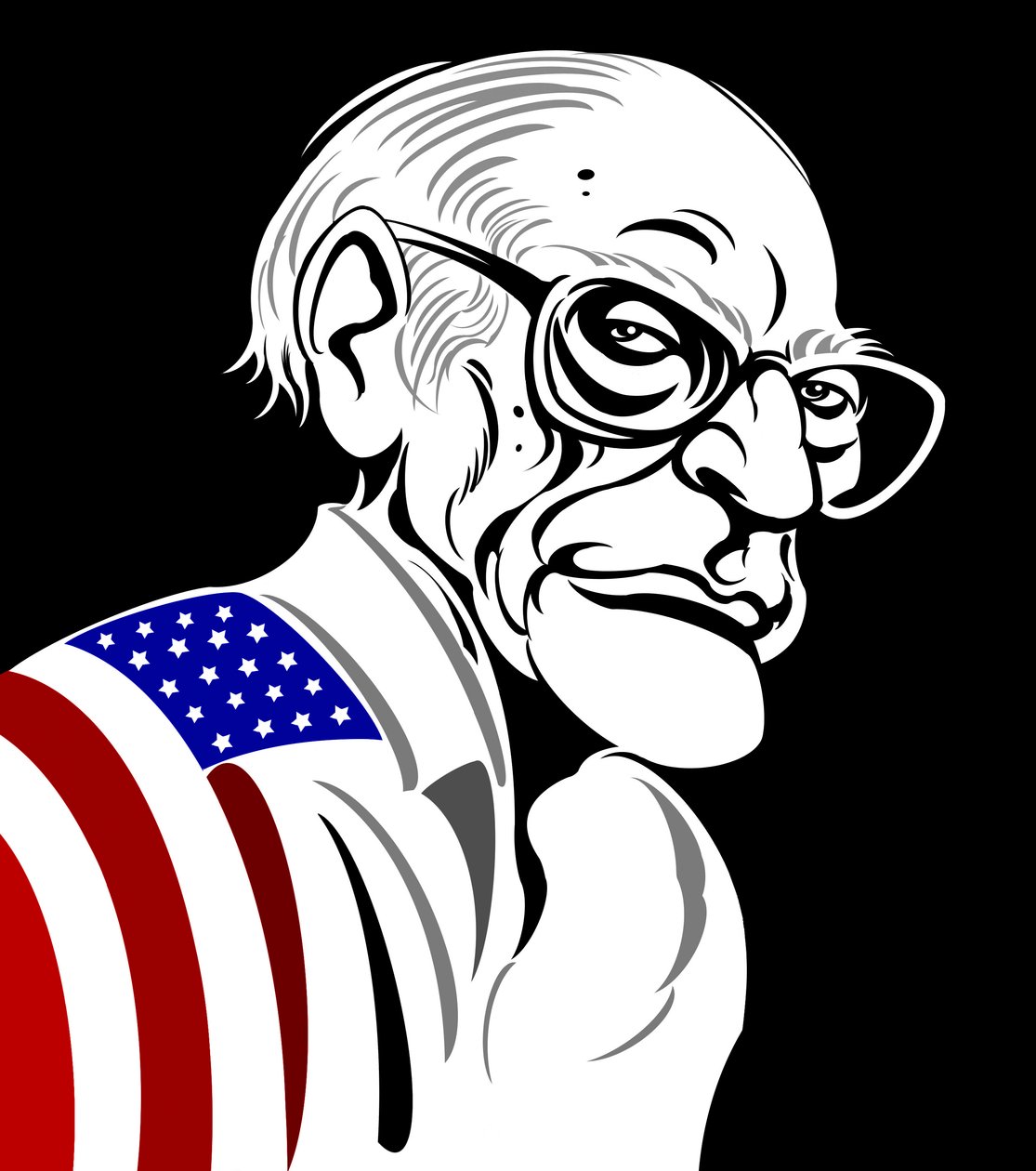 アーサー・ミラー、アメリカの劇作家（1915年から2005年）。黒と白-アメリカの国旗で覆われた色の似顔絵 作： ニール・オズボーン