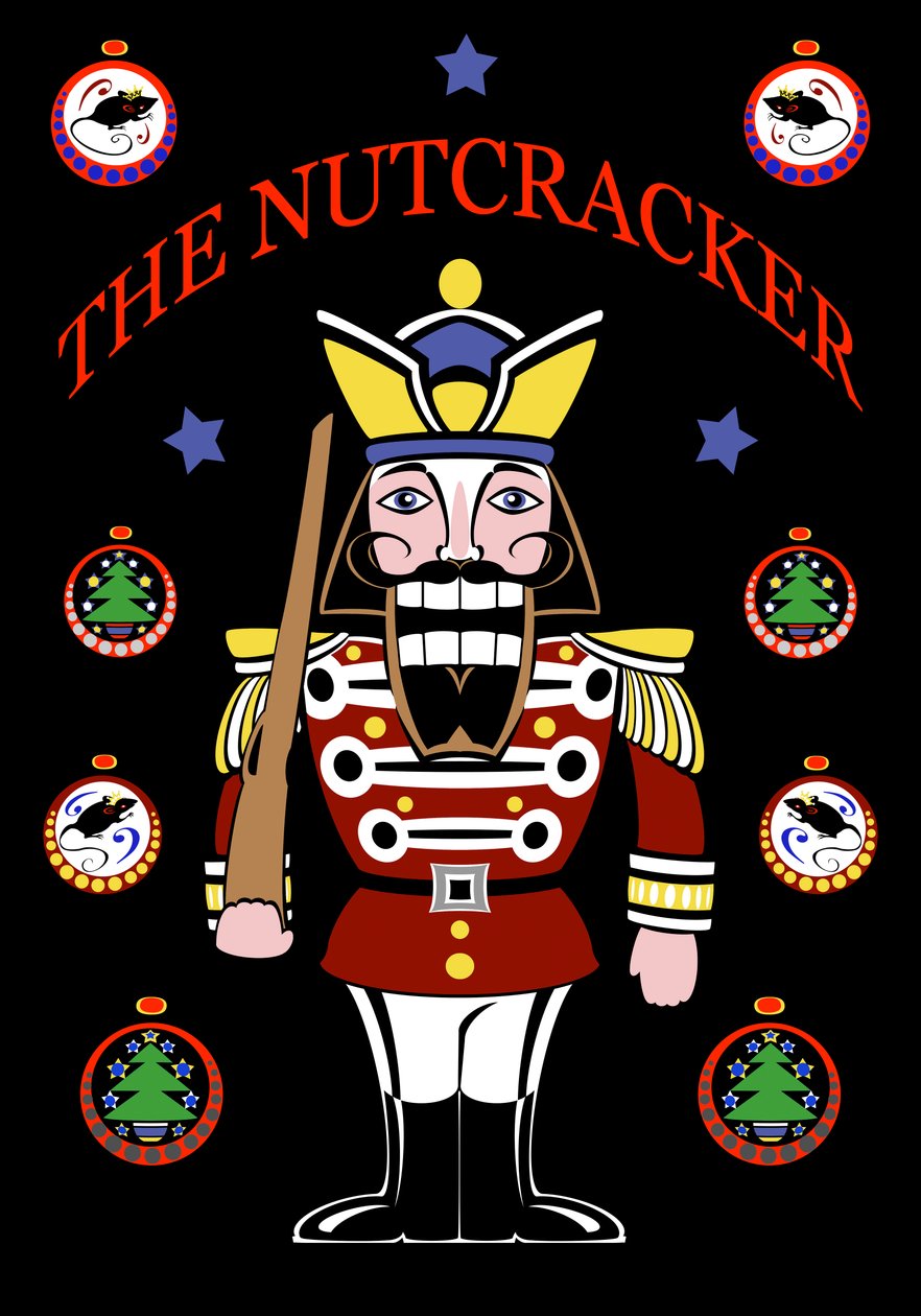 チャイコフスキーバレエのNutctrackerポスター、上記のカラーグラフィックポスター2010年Neale Osborne 作： ニール・オズボーン