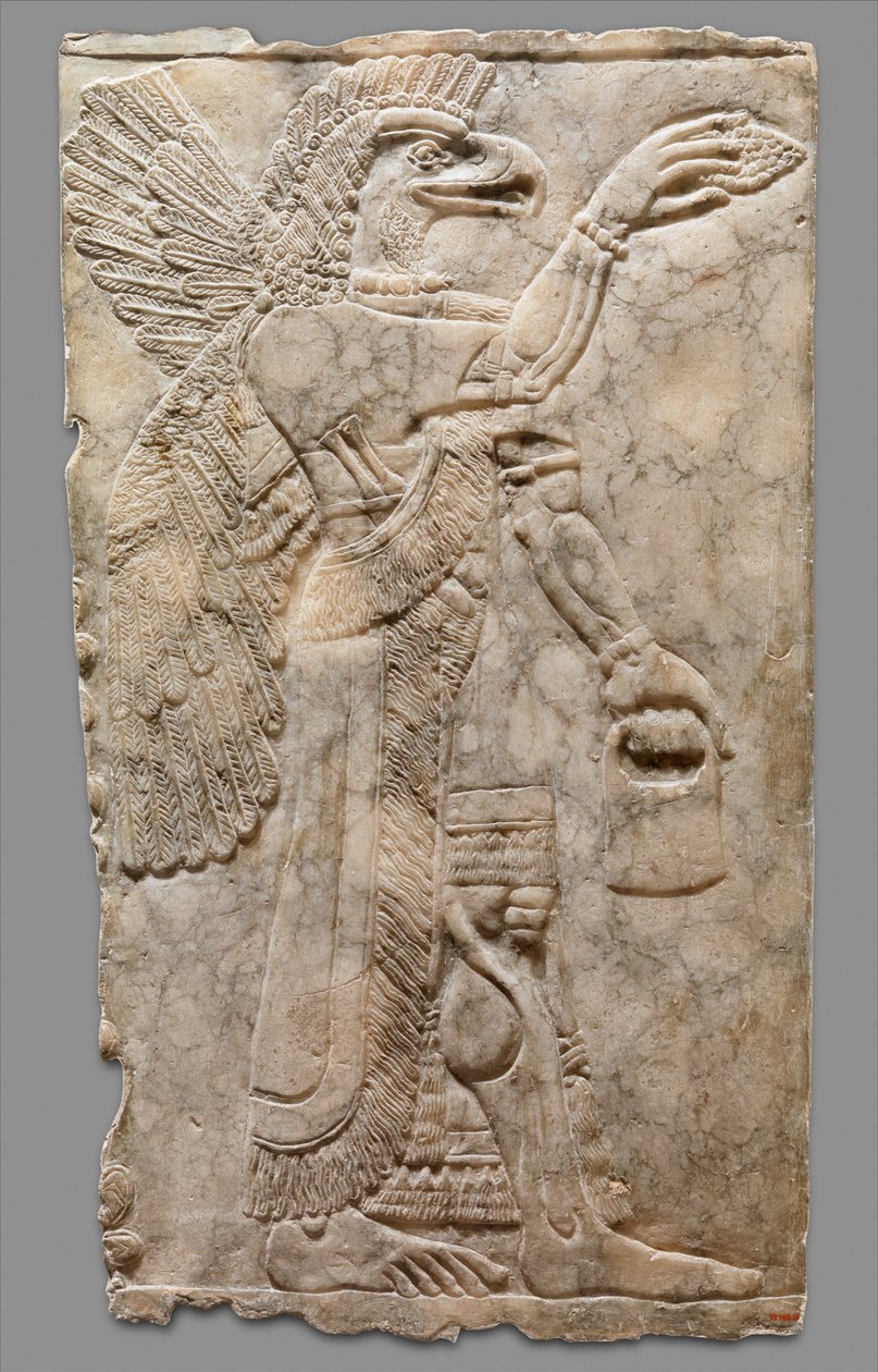 翼のあるワシの頭の超自然的な姿のレリーフパネル、c.883-59 BC（石膏アラバスター） 作： ネオアッシリア