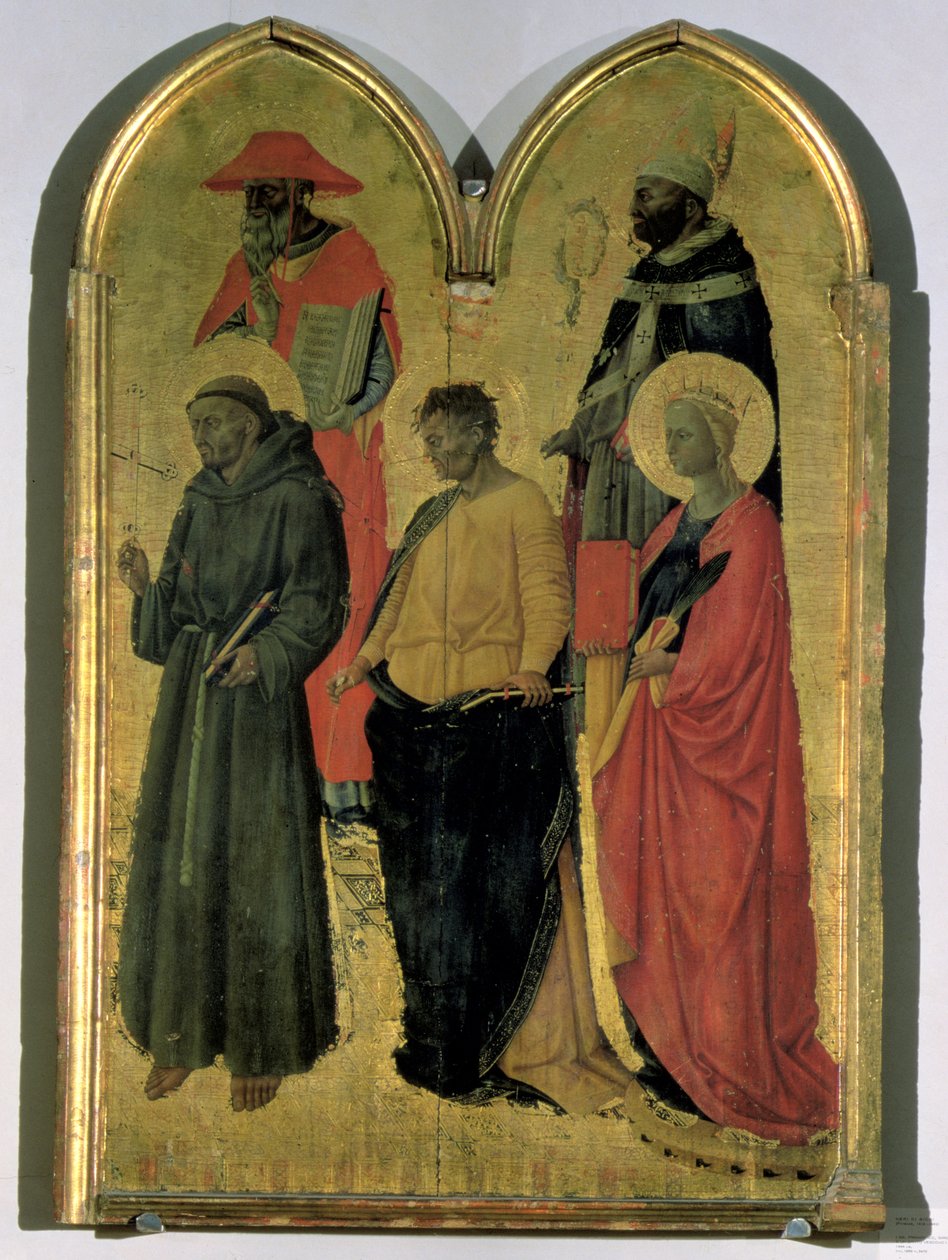 セントフランシス、セントジェローム、セントフィリップ、セントキャサリン、司教聖徒、c.1444（パネル上のテンペラ） 作： ネリ・ディ・ビッチ