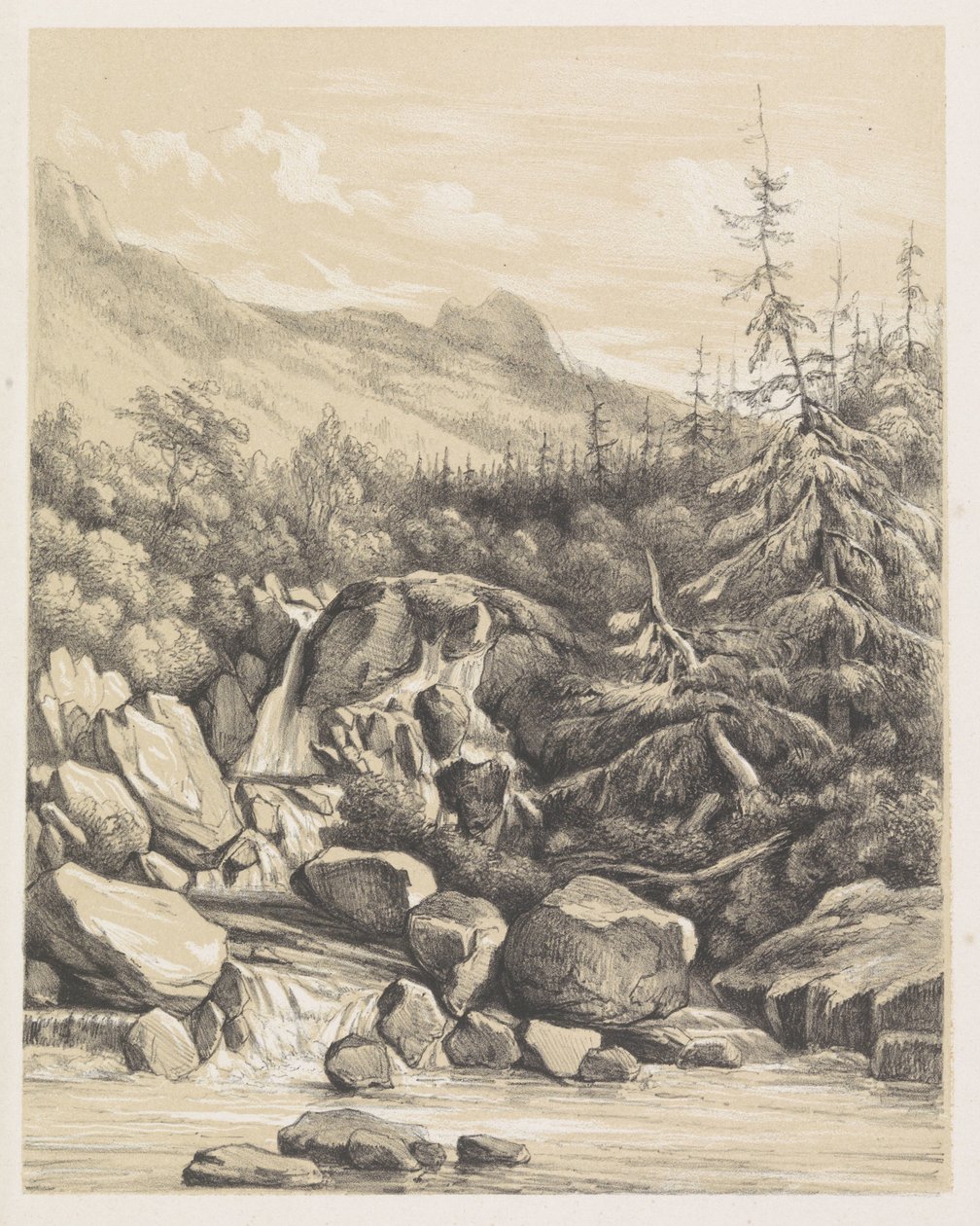 滝のある山の風景 作： Nicolaas Barnouw