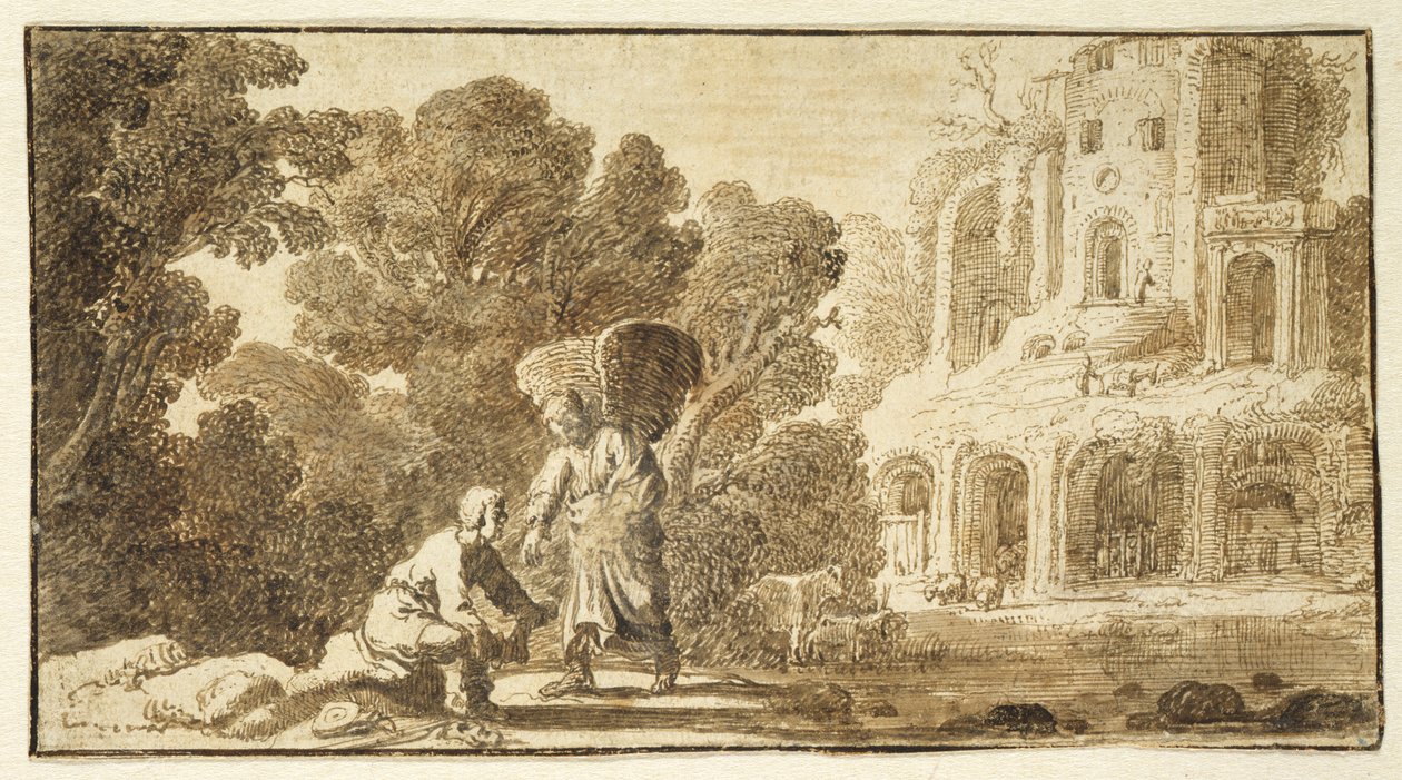 トビアスと天使、c.1625（紙にペンとインク） 作： ニコラス・コルネリス1159年頃1655年モヤエルト