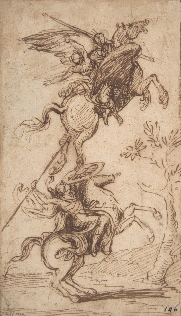 魔術師アトランテ拉致ピナベロスレディ（Ariosto、オーランドFurioso、canto II、38）、c.1635-38（ペンと茶色のインク） 作： ニコラス・プッサン