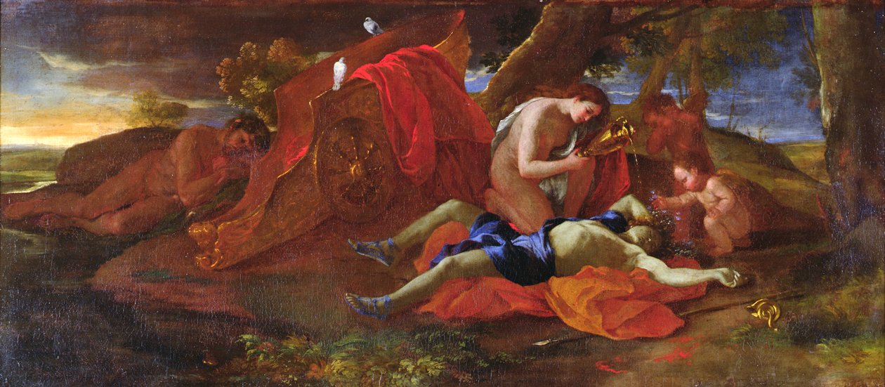 アドニスを越えて泣くヴィーナス、c.1625 作： ニコラス・プッサン
